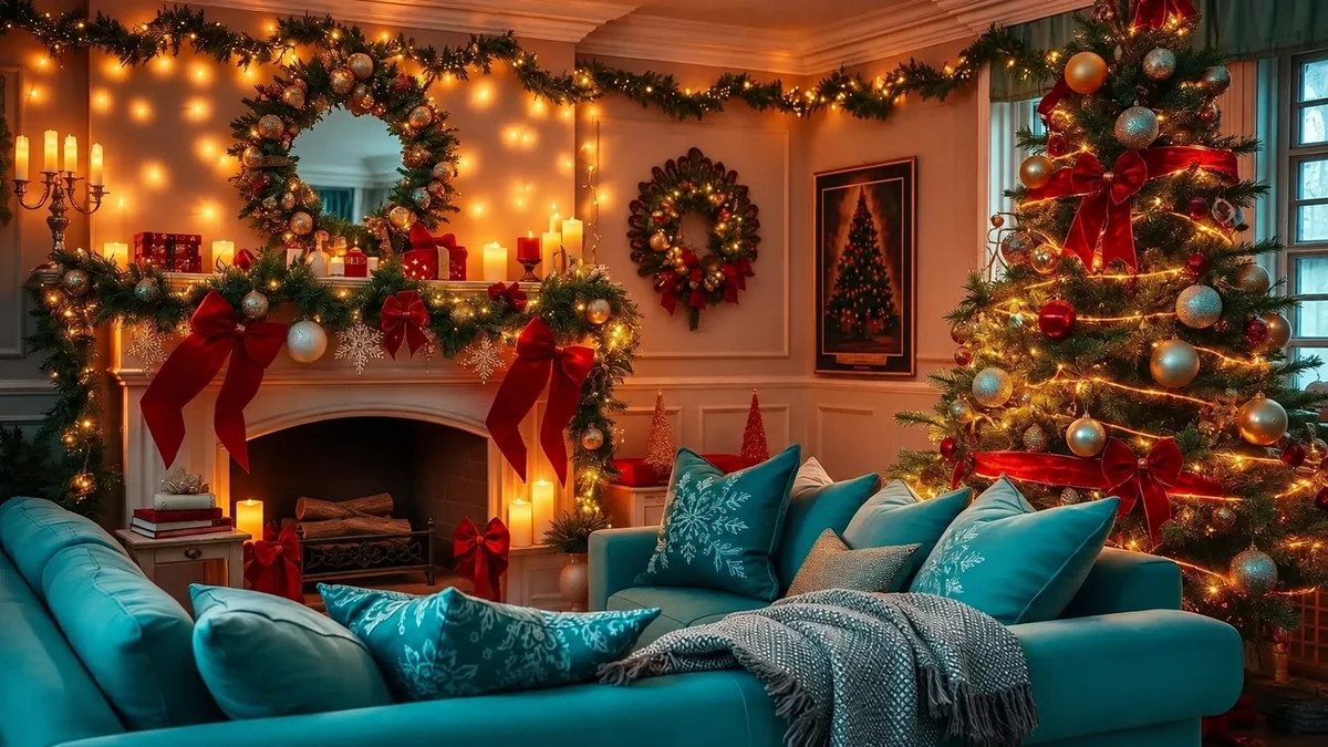 Un salon aux canapés turquoise avec un sapin illuminé et une cheminée éteinte