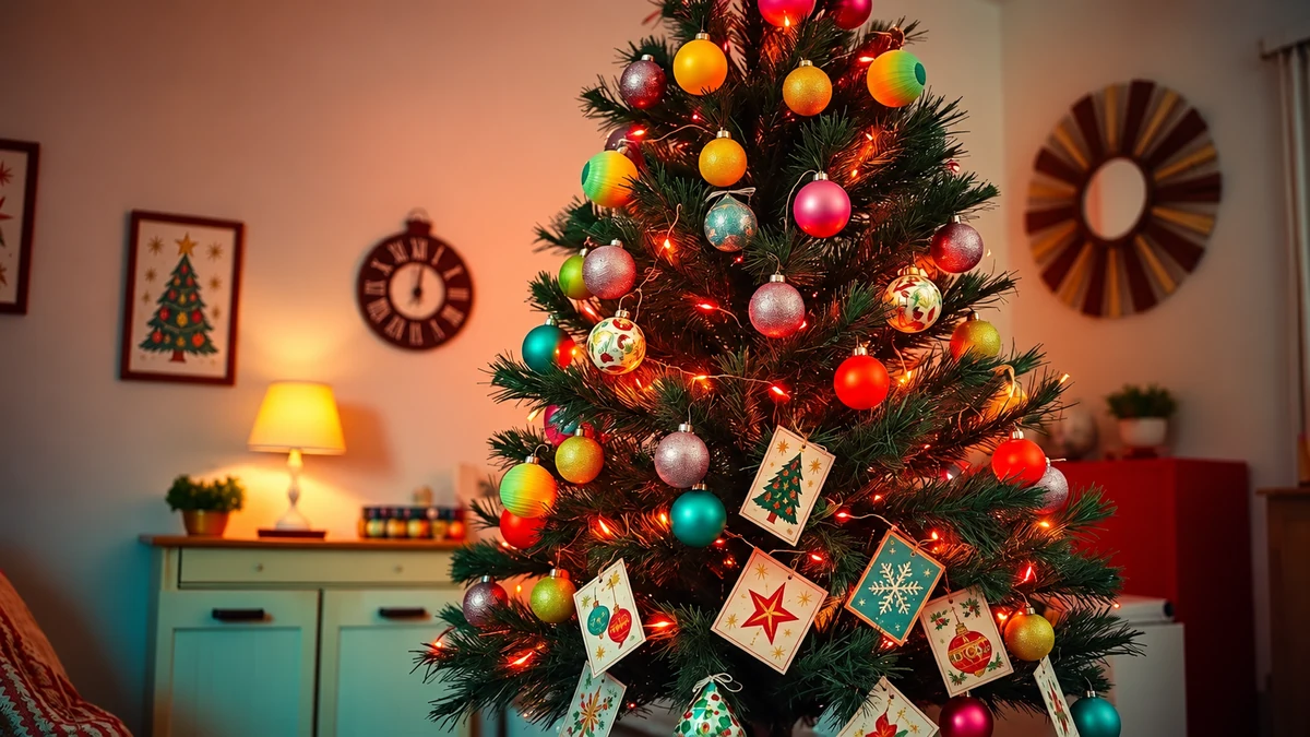 Sapin coloré orné de cartes illustrées dans un intérieur rétro Sapin coloré orné de cartes illustrées dans un intérieur rétro