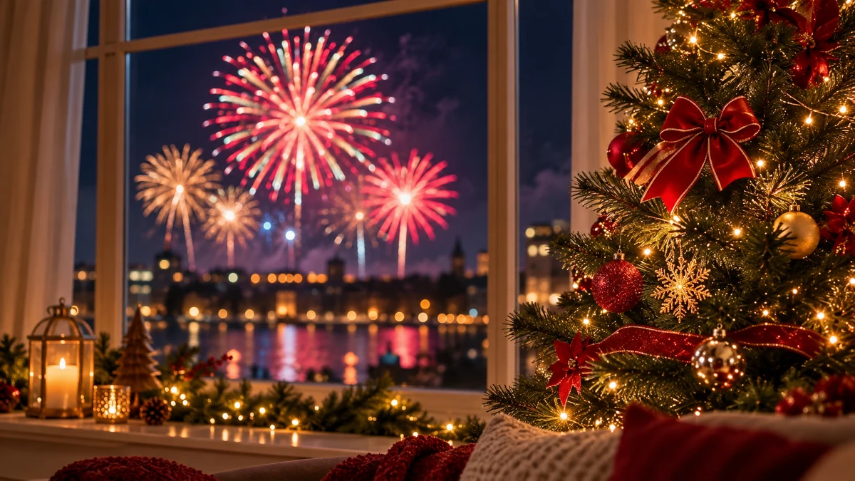 Sapin de Noël près d’une fenêtre donnant sur un feu d’artifice