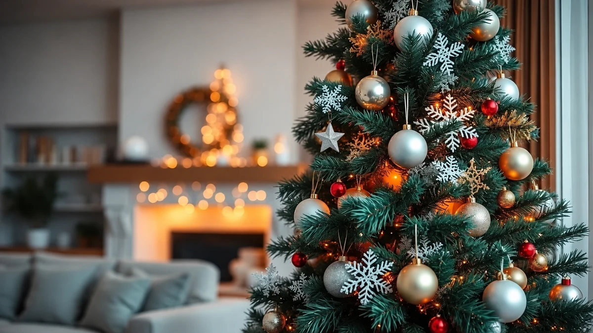Illustration d’un sapin de Noël avec des boules argentées et dorées et une petite étoile argentée