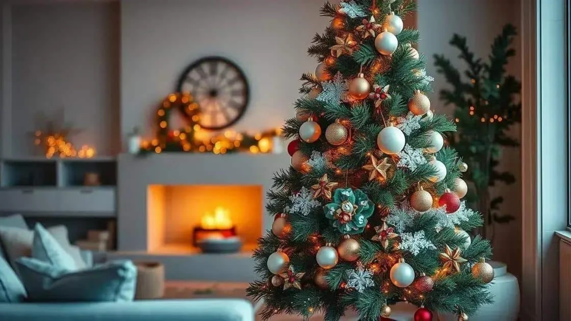 Illustration d’un sapin de Noël moderne avec des boules métallisées dans un salon Illustration d’un sapin de Noël moderne avec des boules métallisées dans un salon