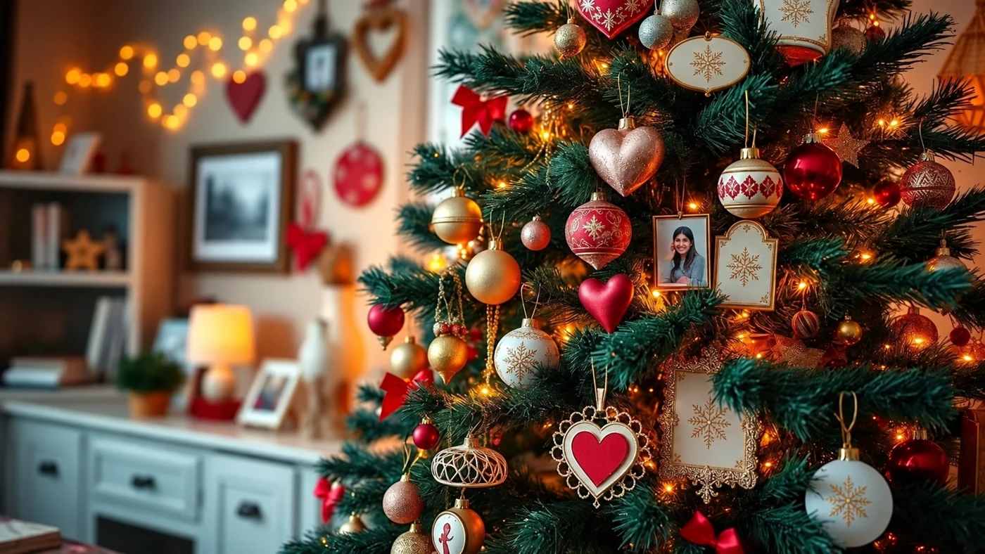 Sapin de Noël garni de décorations et de photographies encadrées Sapin de Noël garni de décorations et de photographies encadrées