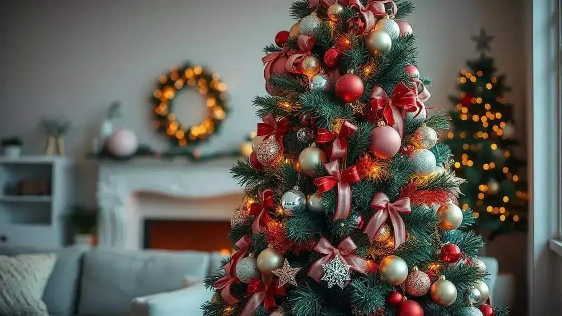 Illustration d’un sapin de Noël orné de rubans rouges et roses et de boules brillantes Illustration d’un sapin de Noël orné de rubans rouges et roses et de boules brillantes