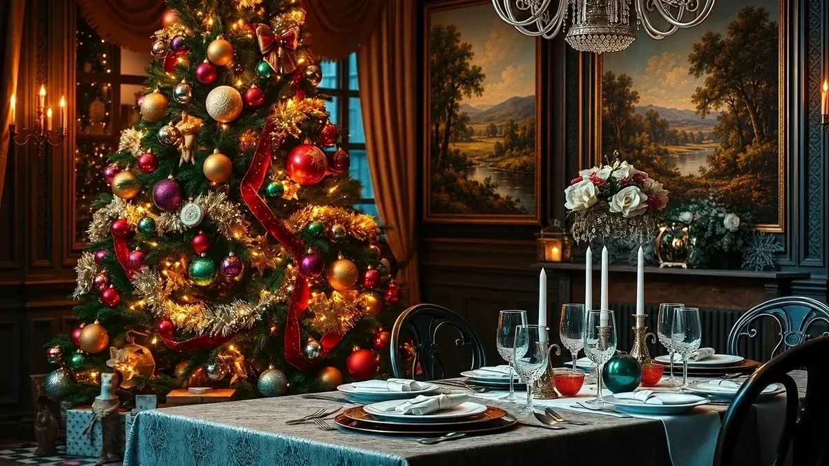 Illustration d’un sapin de Noël dans une salle à manger de style ancien Illustration d’un sapin de Noël dans une salle à manger de style ancien