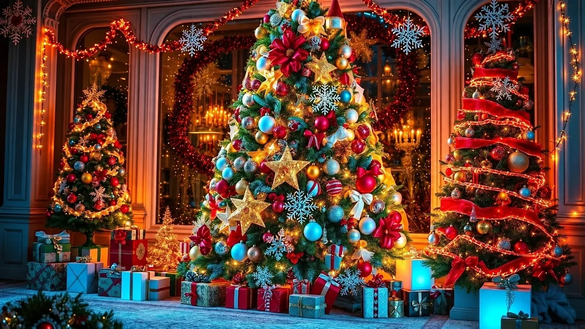 Sapins de Noël aux ornements multicolores dans une pièce éclairée
