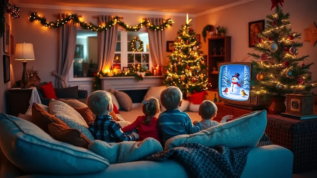 Illustration d’une famille vue de dos devant une animation de bonhomme de neige à la télévision