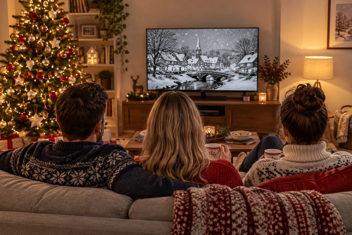 Illustration de trois adultes devant une télévision montrant un village enneigé en noir et blanc