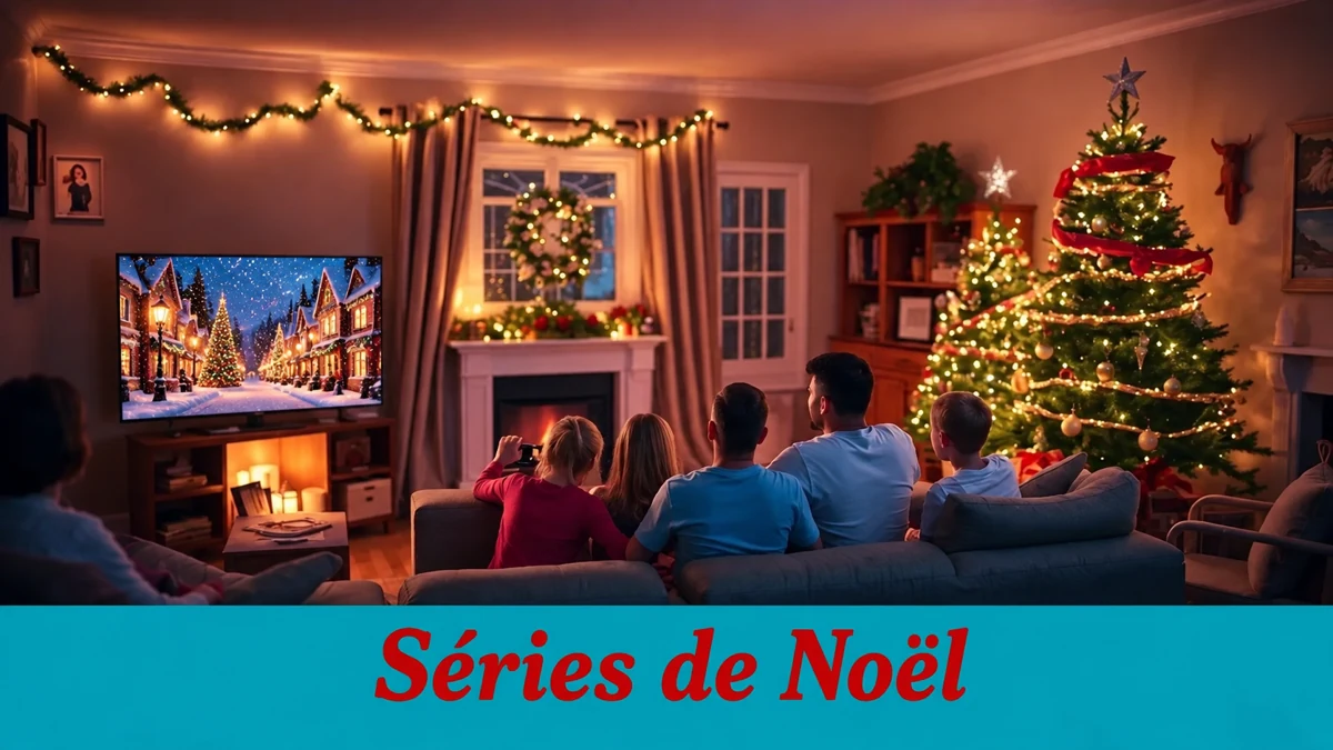 Illustration d’une soirée télévisée dans un salon décoré, avec le texte Séries de Noël Illustration d’une soirée télévisée dans un salon décoré, avec le texte Séries de Noël