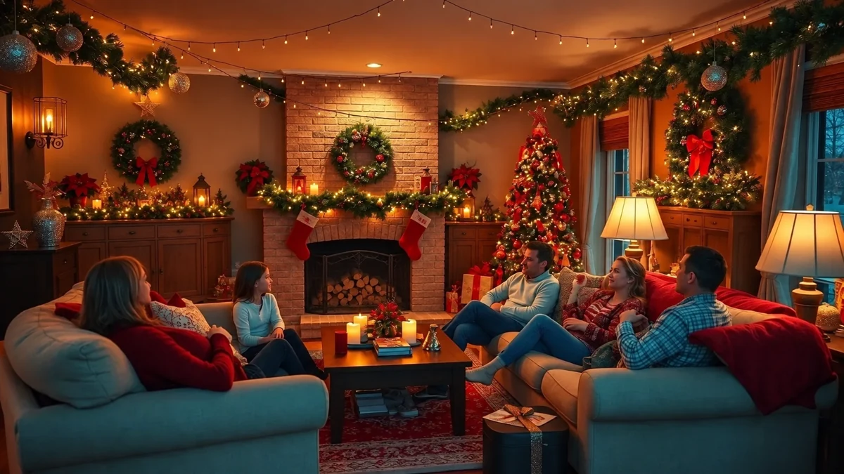 Illustration de quatre adultes et d’une enfant réunis près d’une cheminée éteinte et d’un sapin