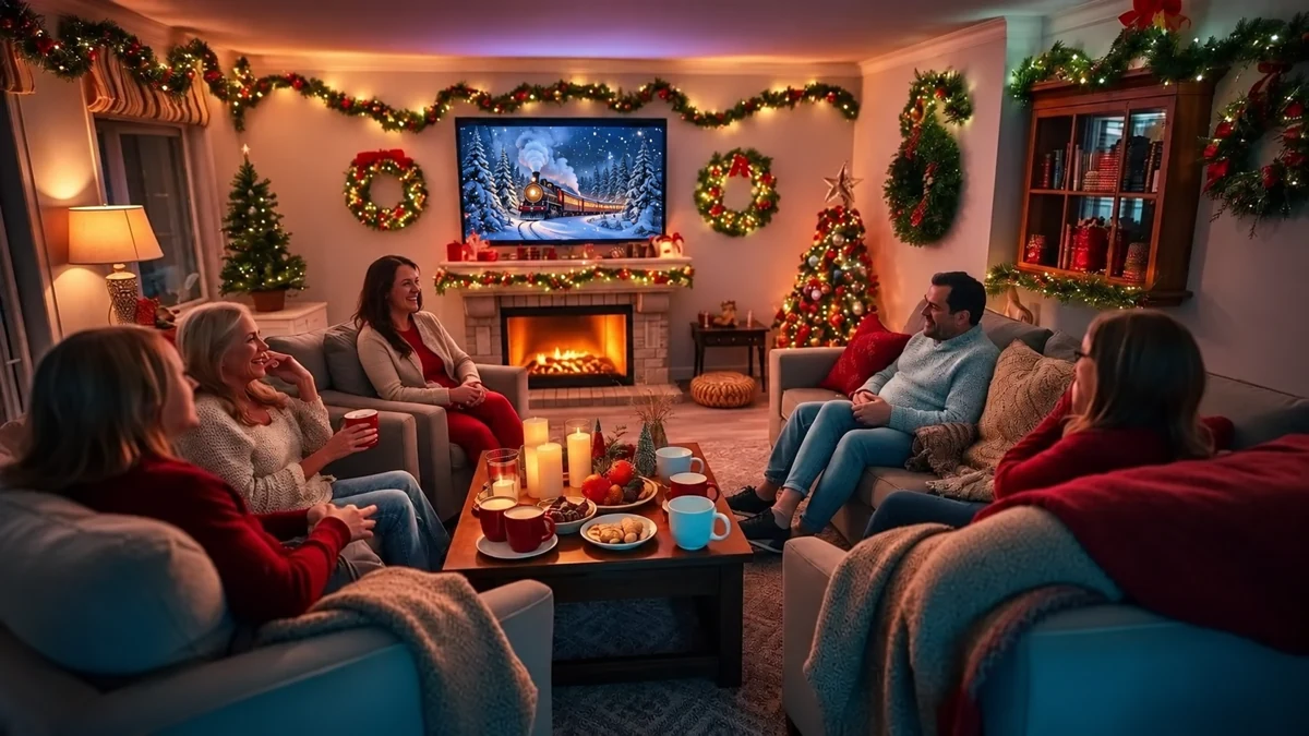 Adultes réunis dans un salon de Noël avec une illustration de train enneigé à l’écran Adultes réunis dans un salon de Noël avec une illustration de train enneigé à l’écran