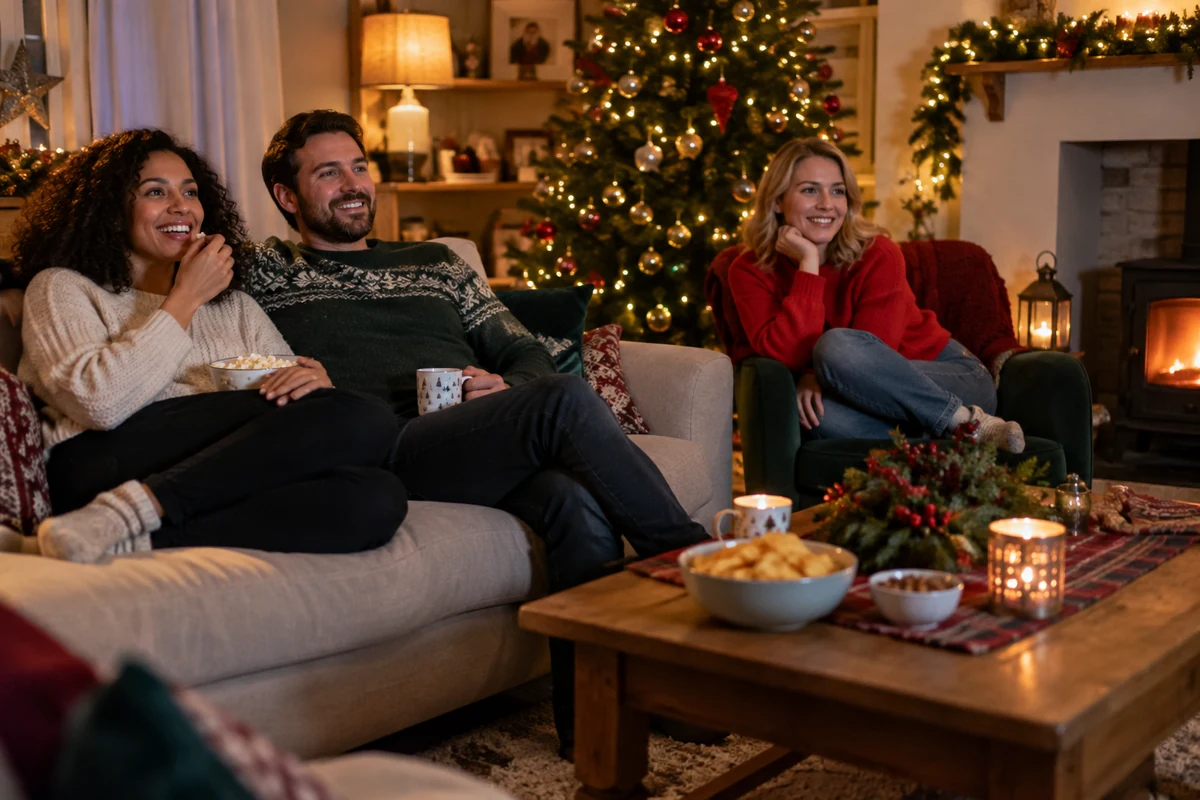 Trois adultes partagent une soirée télévisée avec des collations Trois adultes partagent une soirée télévisée avec des collations