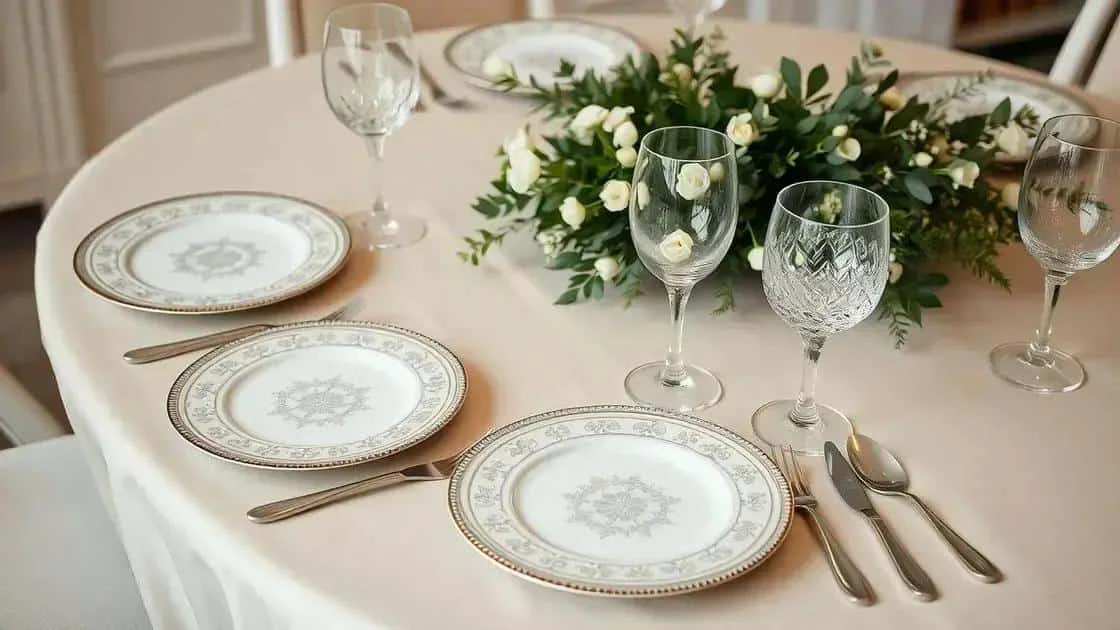 Table avec assiettes blanches et centre floral bas Table avec assiettes blanches et centre floral bas