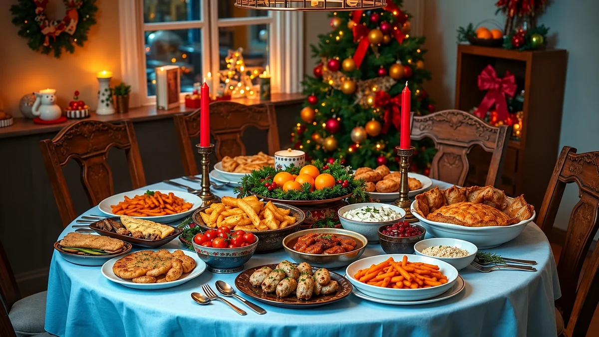 Table de Noël garnie de plats salés, de petits pains et de légumes Table de Noël garnie de plats salés, de petits pains et de légumes