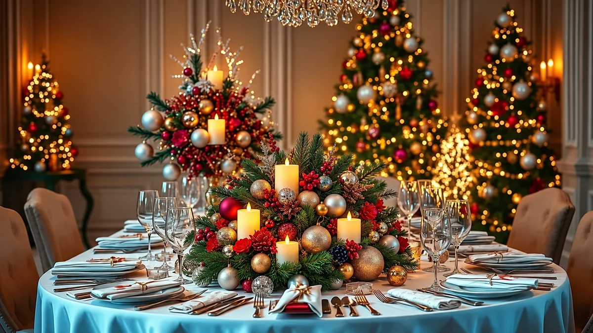 Table de Noël avec centre de table composé de boules et de lumières LED