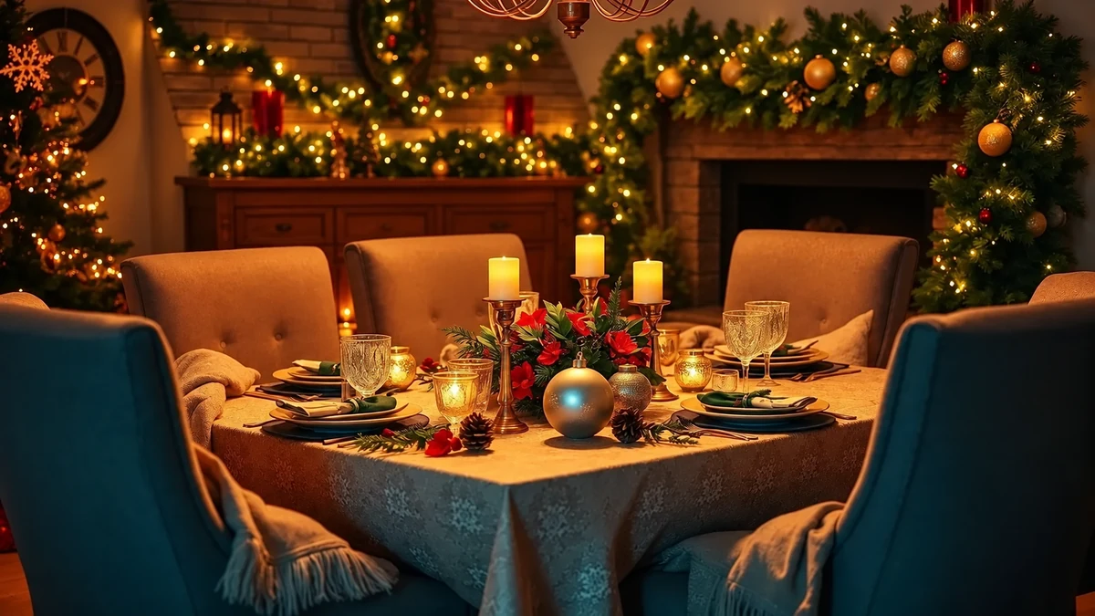 Table de Noël près d’une cheminée éteinte et d’un buffet décoré