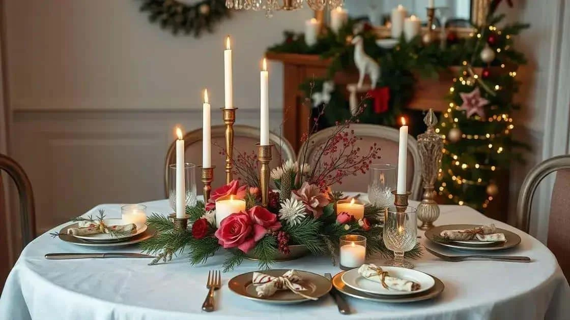 Table de Noël avec composition florale et bougies hautes Table de Noël avec composition florale et bougies hautes