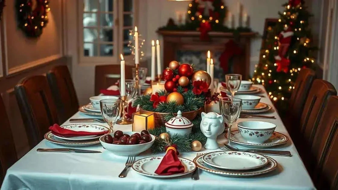 Table de Noël dressée avec de la vaisselle et des décorations festives