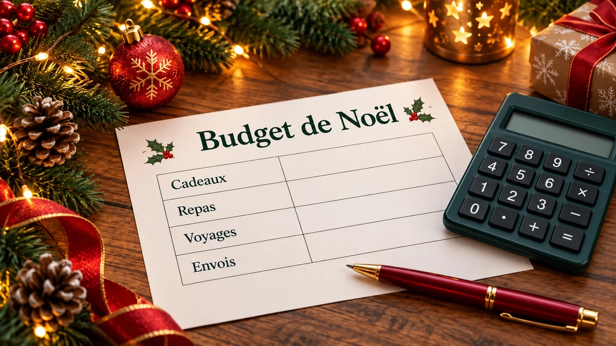 Tableau Budget de Noël avec catégories de dépenses et calculatrice