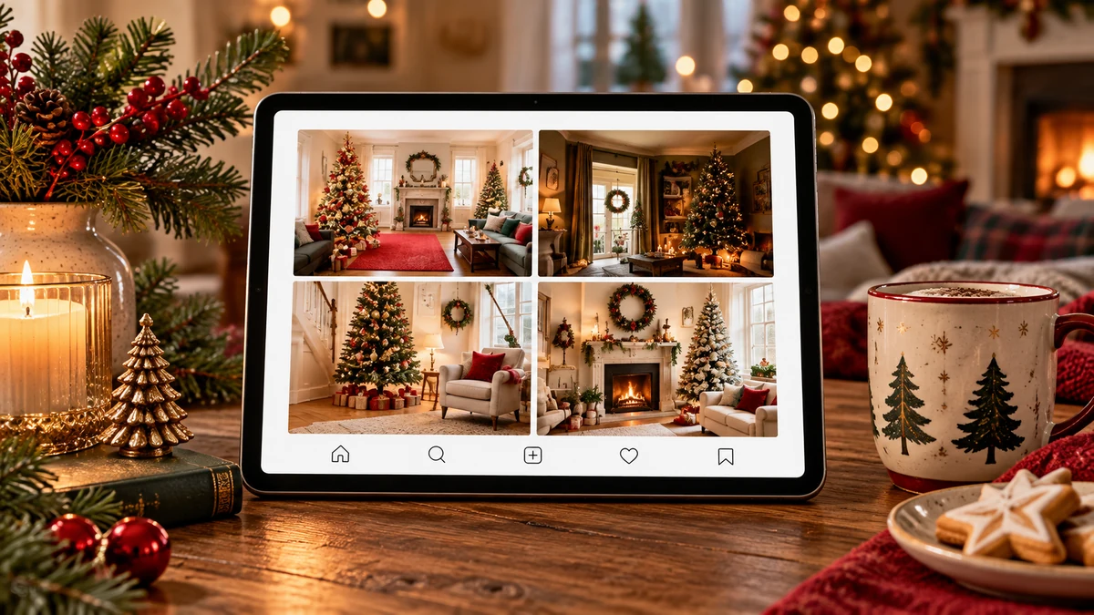Une tablette affiche des photos d’intérieurs décorés pour Noël Une tablette affiche des photos d’intérieurs décorés pour Noël