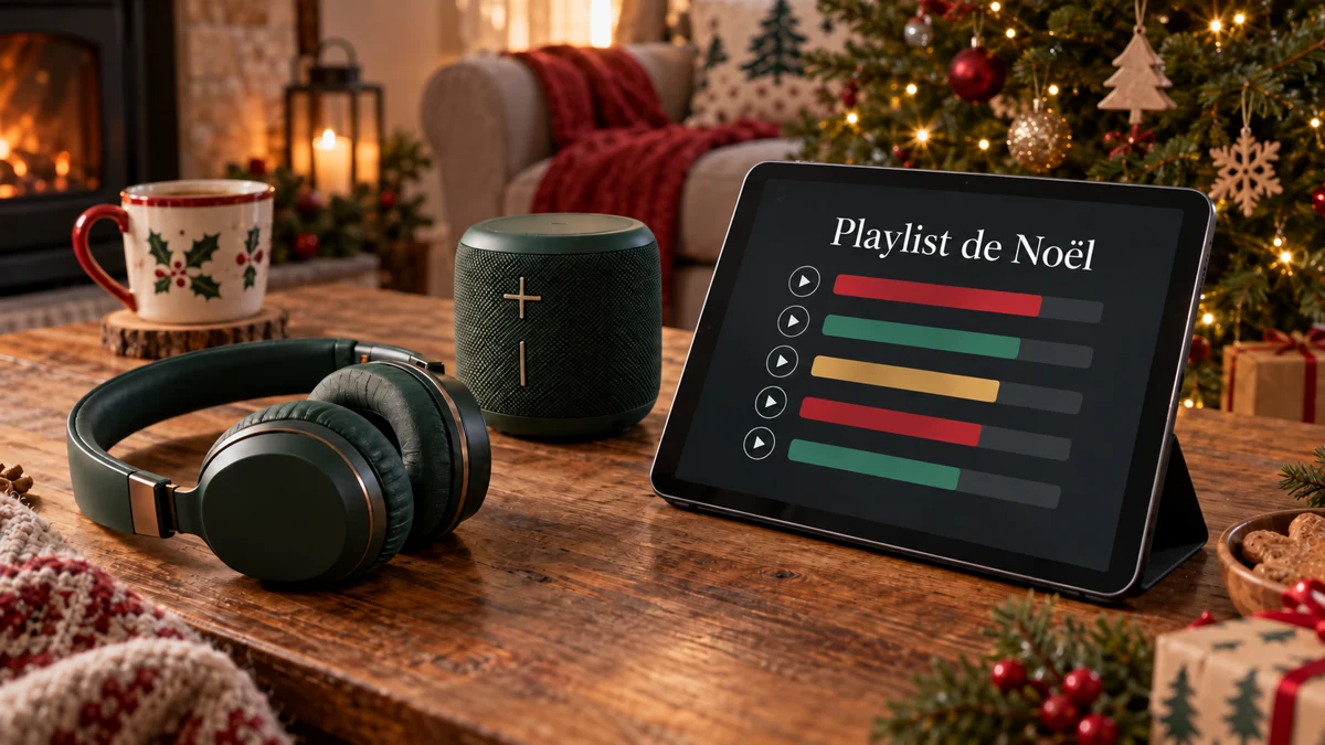 Tablette affichant « Playlist de Noël », casque et enceinte sur une table en bois Tablette affichant « Playlist de Noël », casque et enceinte sur une table en bois