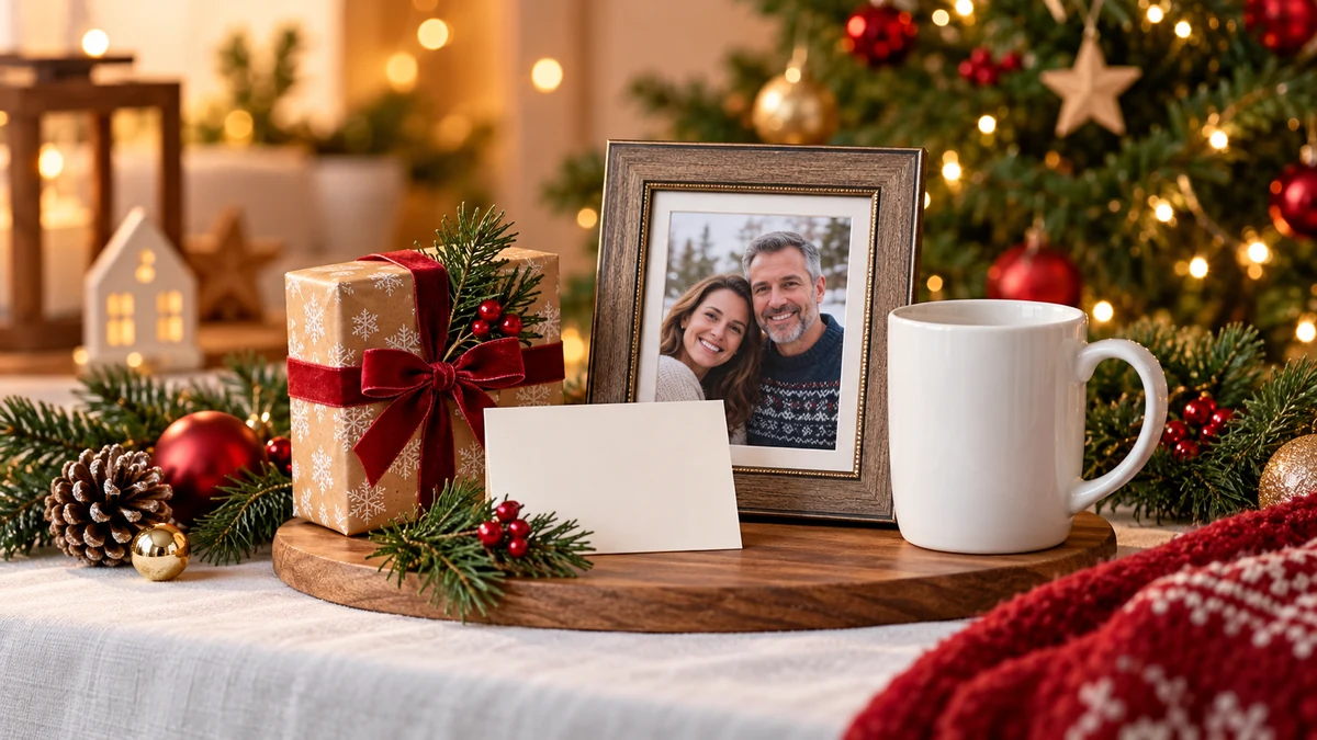 Tasse unie, cadeau emballé et cadre photo avec une carte vierge Tasse unie, cadeau emballé et cadre photo avec une carte vierge