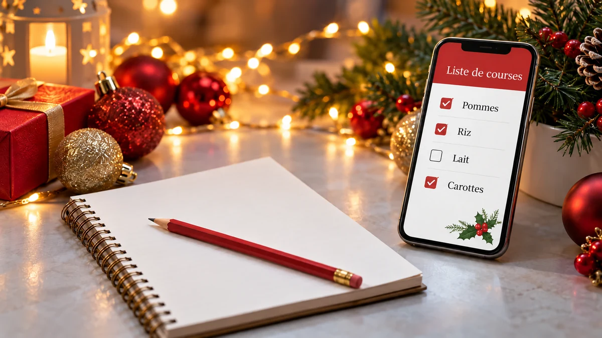 Un téléphone affichant une liste de courses en français près d’un carnet et de décorations de Noël