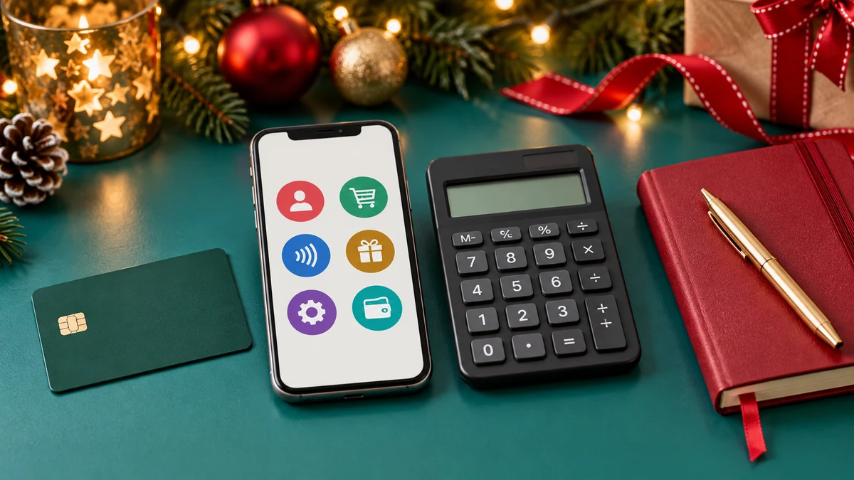Téléphone, carte de paiement et calculatrice près de décorations de Noël Téléphone, carte de paiement et calculatrice près de décorations de Noël