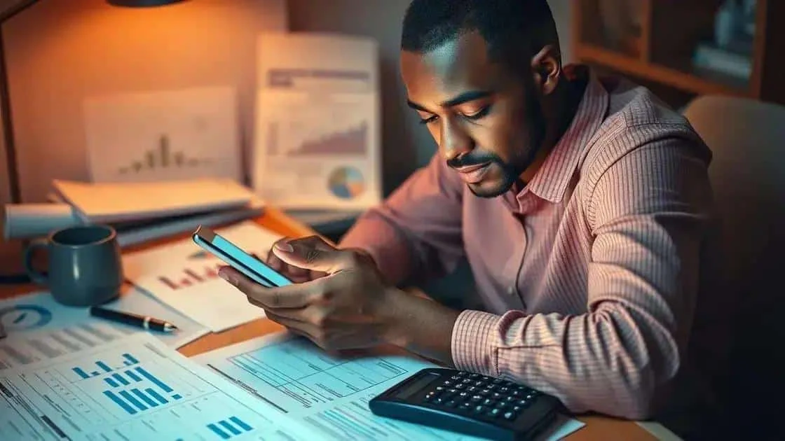 Personne consultant son téléphone près de documents et d’une calculatrice Personne consultant son téléphone près de documents et d’une calculatrice