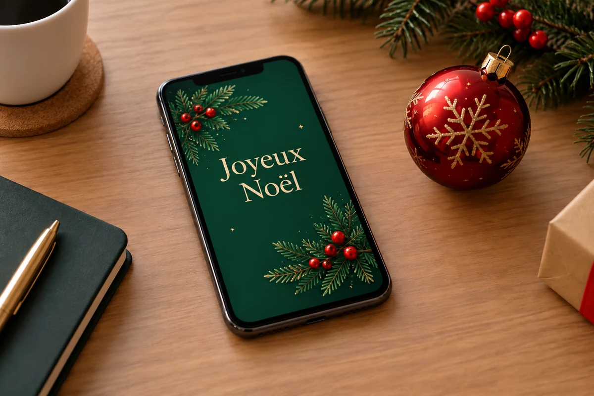 Téléphone affichant « Joyeux Noël » près de décorations festives