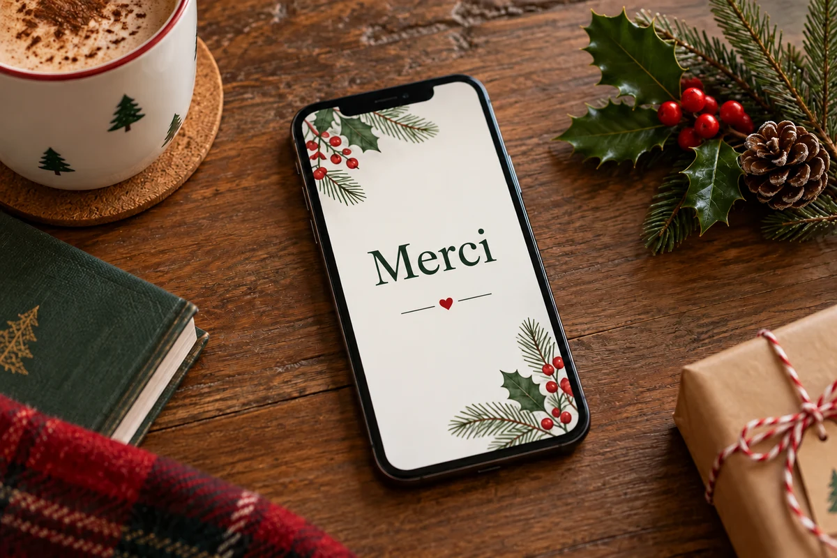 Téléphone affichant « Merci » près d’une tasse et d’un cadeau