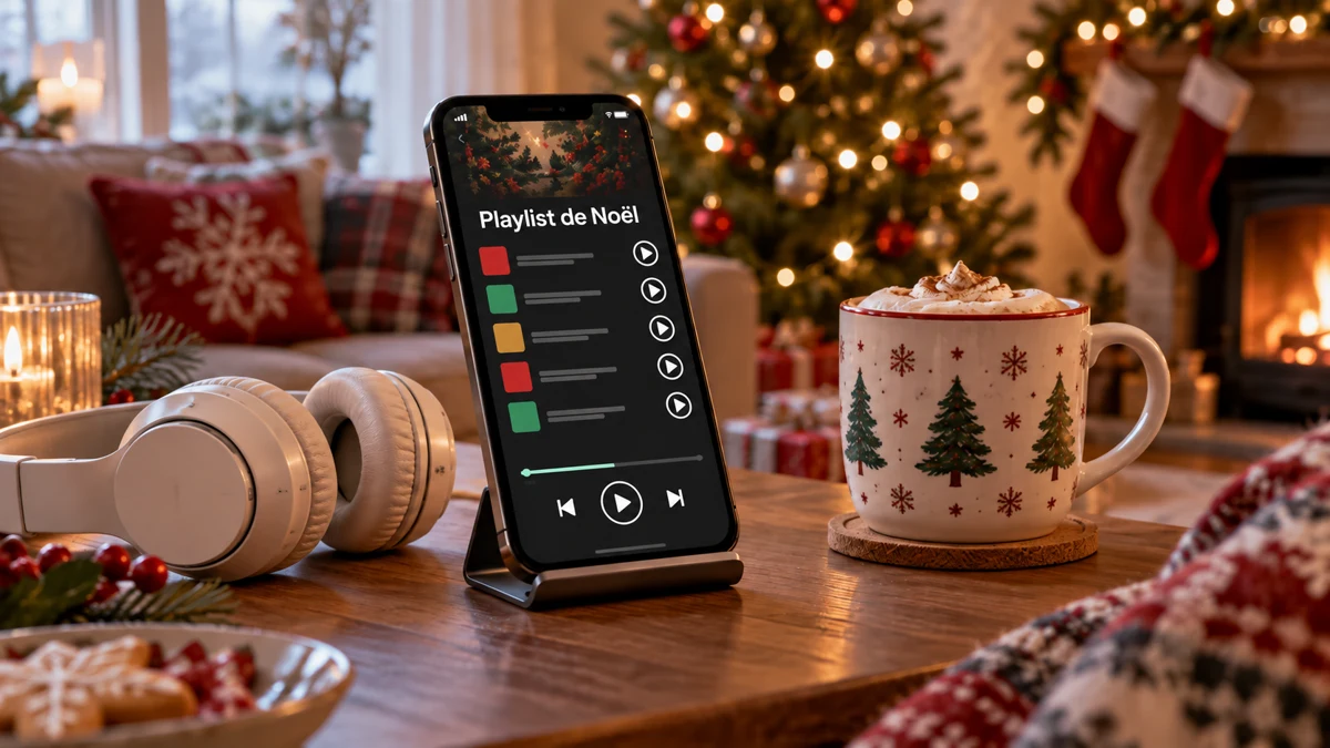 Téléphone affichant « Playlist de Noël » à côté d’un casque et d’une tasse festive Téléphone affichant « Playlist de Noël » à côté d’un casque et d’une tasse festive