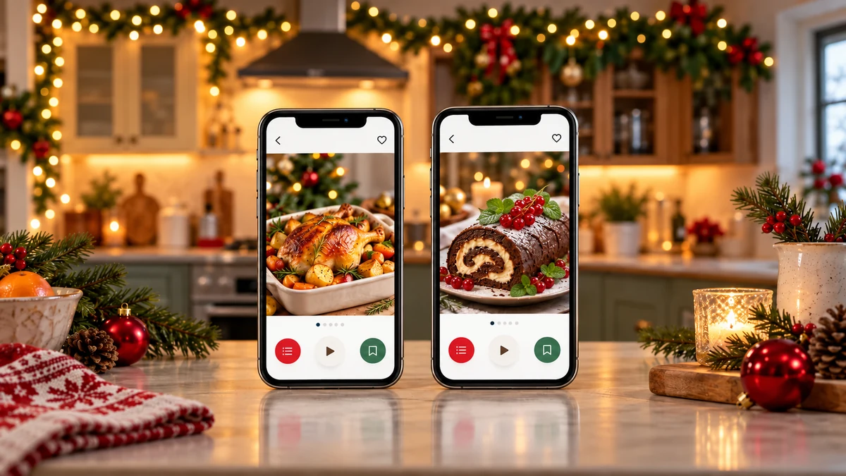Deux téléphones présentant des illustrations génériques de recettes de Noël Deux téléphones présentant des illustrations génériques de recettes de Noël