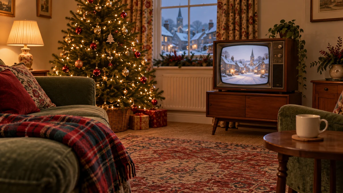 Un téléviseur ancien dans un salon chaleureux décoré pour Noël