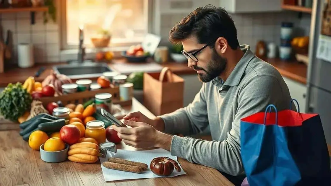 Un homme consultant un téléphone devant des provisions dans une cuisine