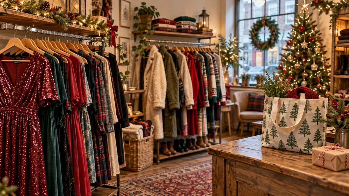 Portants de vêtements rouges, verts et à carreaux dans une boutique décorée pour Noël Portants de vêtements rouges, verts et à carreaux dans une boutique décorée pour Noël