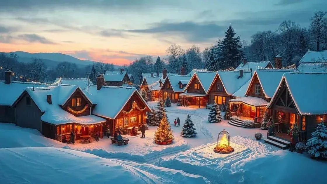 Un village enneigé aux maisons illuminées, illustration d’ambiance hivernale Un village enneigé aux maisons illuminées, illustration d’ambiance hivernale