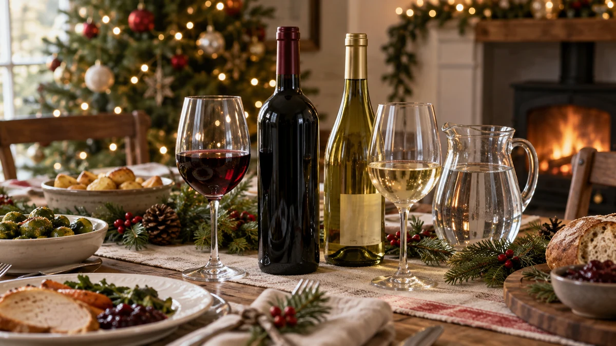Vin rouge, vin blanc et carafe d’eau sur une table de Noël