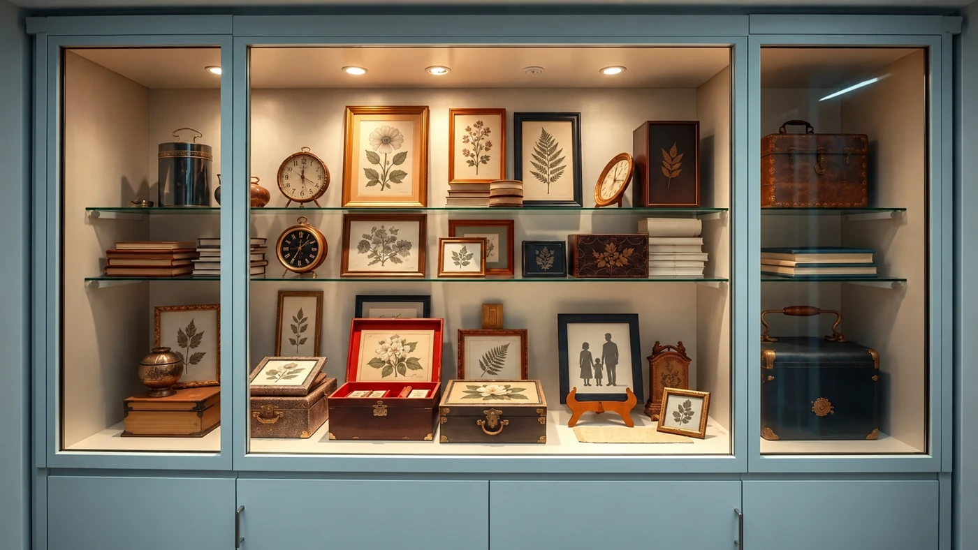 Vitrine éclairée contenant des objets souvenirs, des cadres et des illustrations Vitrine éclairée contenant des objets souvenirs, des cadres et des illustrations