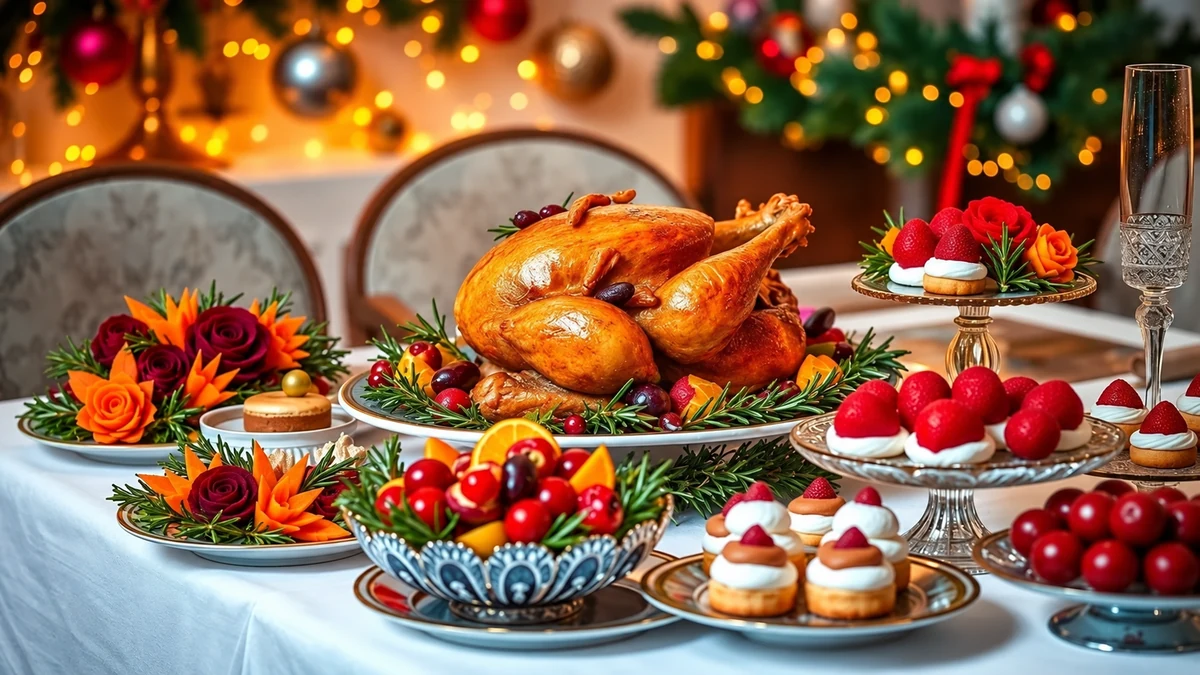 Volaille rôtie, fruits et petits desserts disposés sur une table de Noël Volaille rôtie, fruits et petits desserts disposés sur une table de Noël