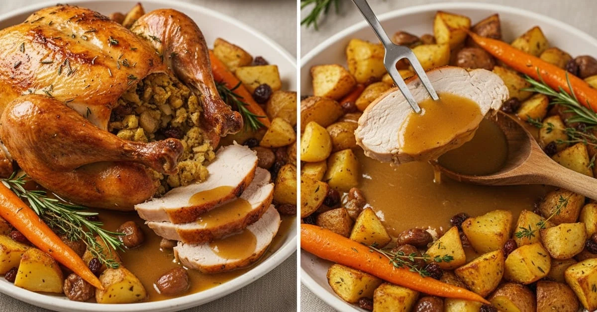 Volaille rôtie farcie et tranches de viande avec légumes et sauce