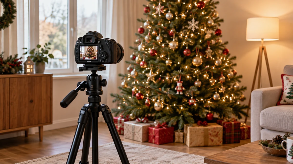 Appareil photo sur trépied face à un sapin décoré. Appareil photo sur trépied face à un sapin décoré.