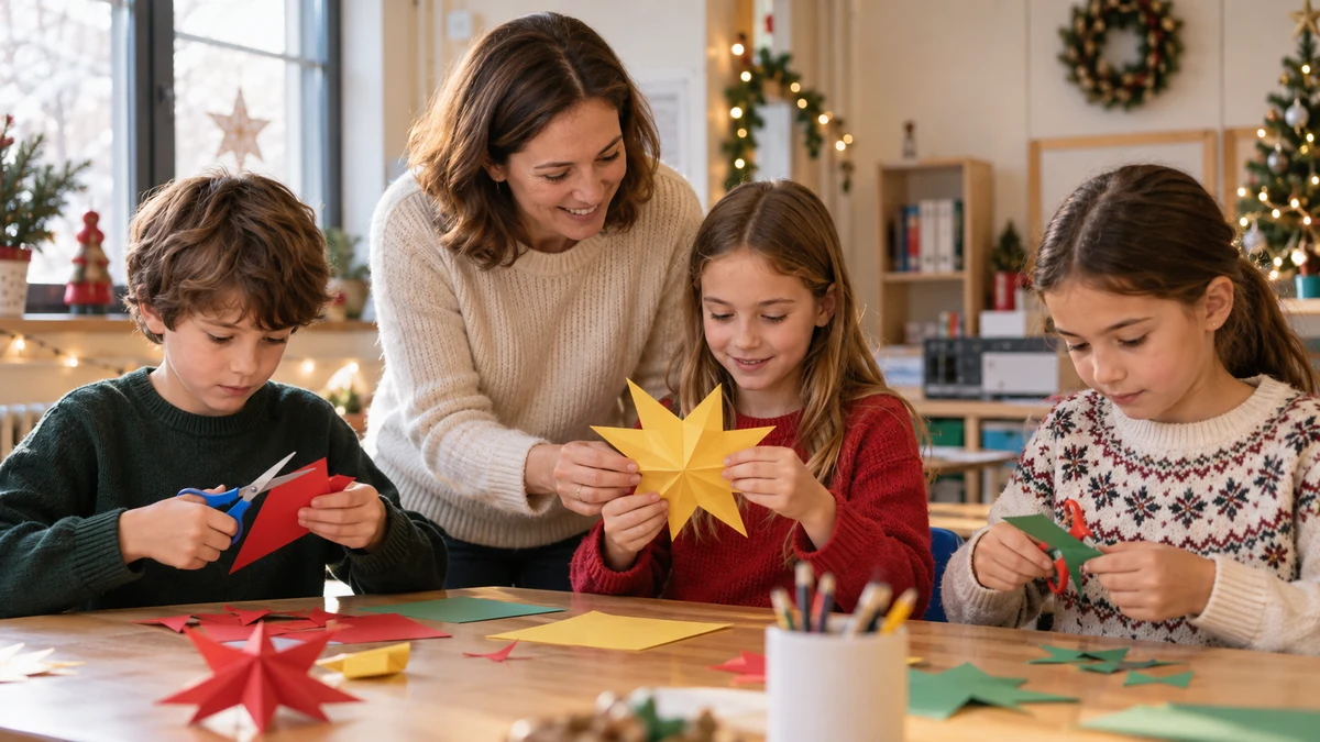 Une adulte accompagne trois enfants qui créent des décorations de Noël en papier