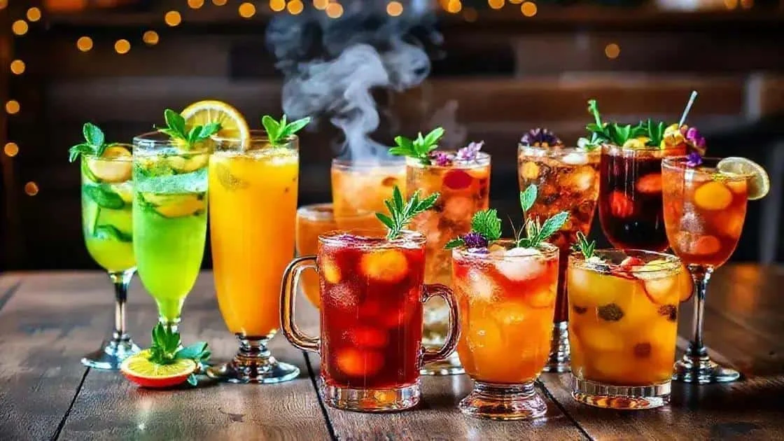 Boissons de différentes couleurs garnies d’agrumes et d’herbes.