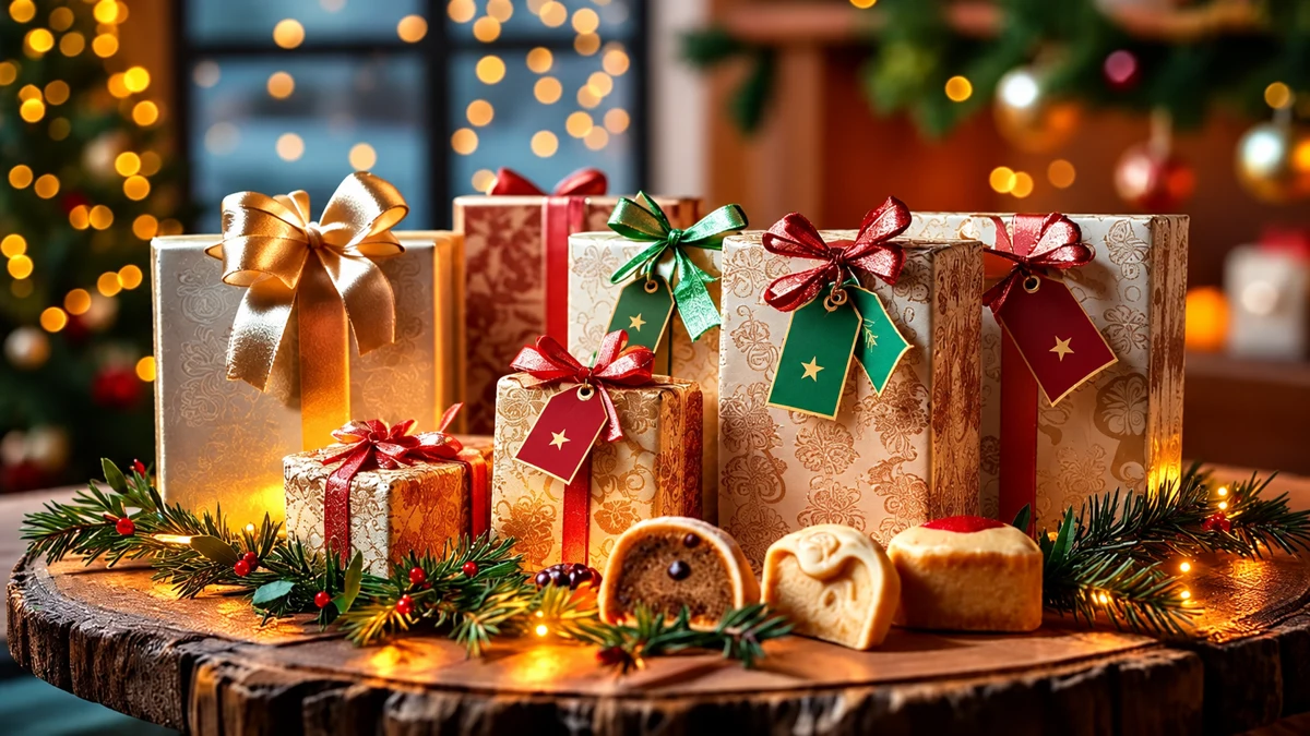 Des boîtes cadeaux ornées de rubans et d’étiquettes à étoiles, avec des petits gâteaux au premier plan