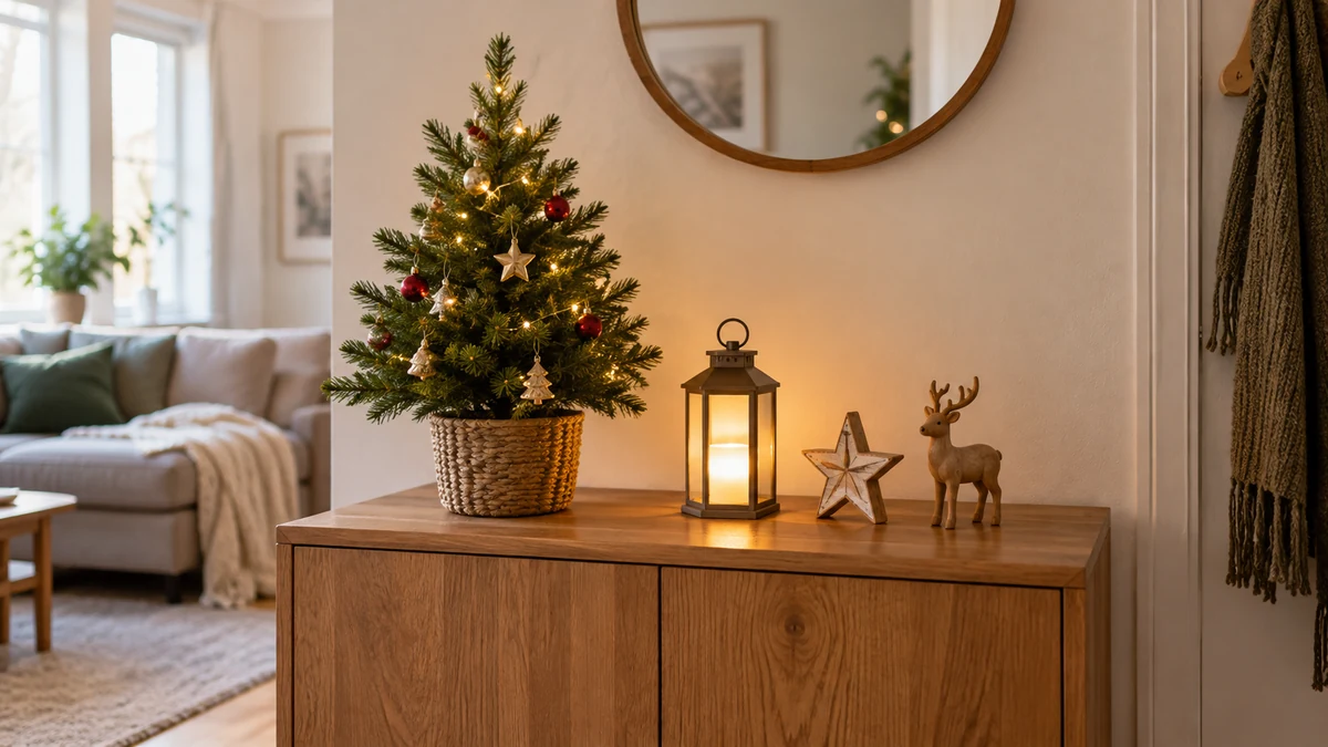 Mini-sapin, lanterne lumineuse, étoile et renne décoratif sur un buffet