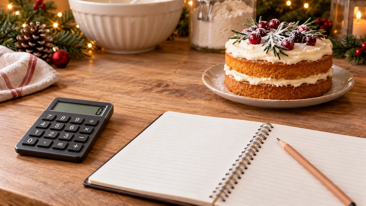 Une calculatrice et un carnet vierge sur une table, près d’un gâteau aux fruits rouges