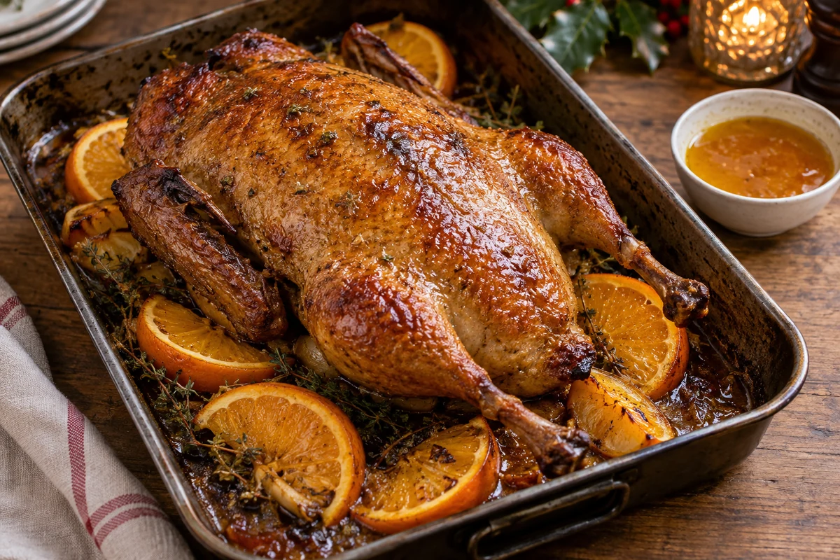 Canard entier rôti et doré dans un plat avec des oranges