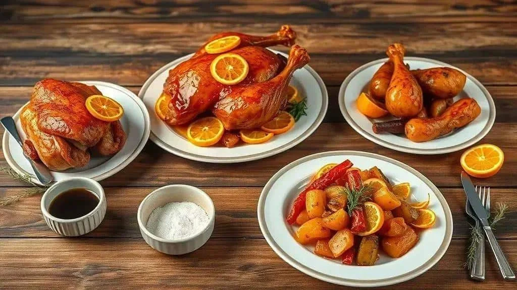 Différentes présentations de canard rôti, entier et en morceaux, avec des légumes