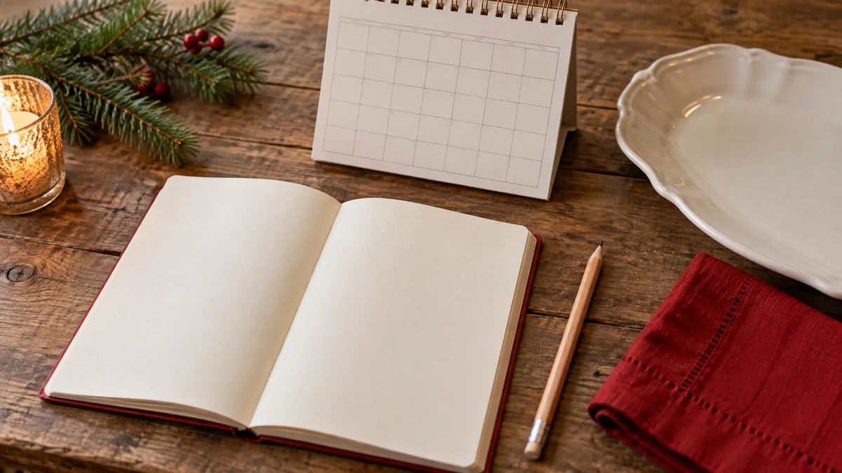 Un carnet vierge, un calendrier sans inscriptions et un crayon près d’une assiette Un carnet vierge, un calendrier sans inscriptions et un crayon près d’une assiette