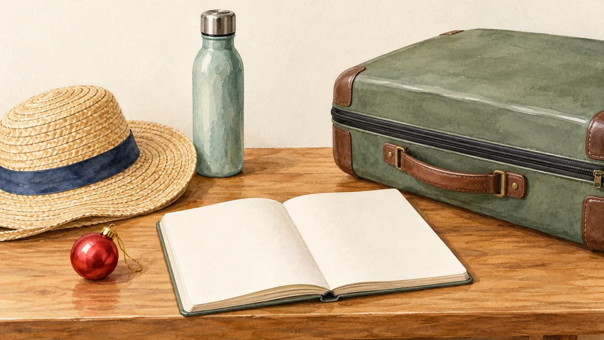 Aquarelle d’un carnet ouvert, d’une valise, d’un chapeau et d’une gourde pour préparer un voyage